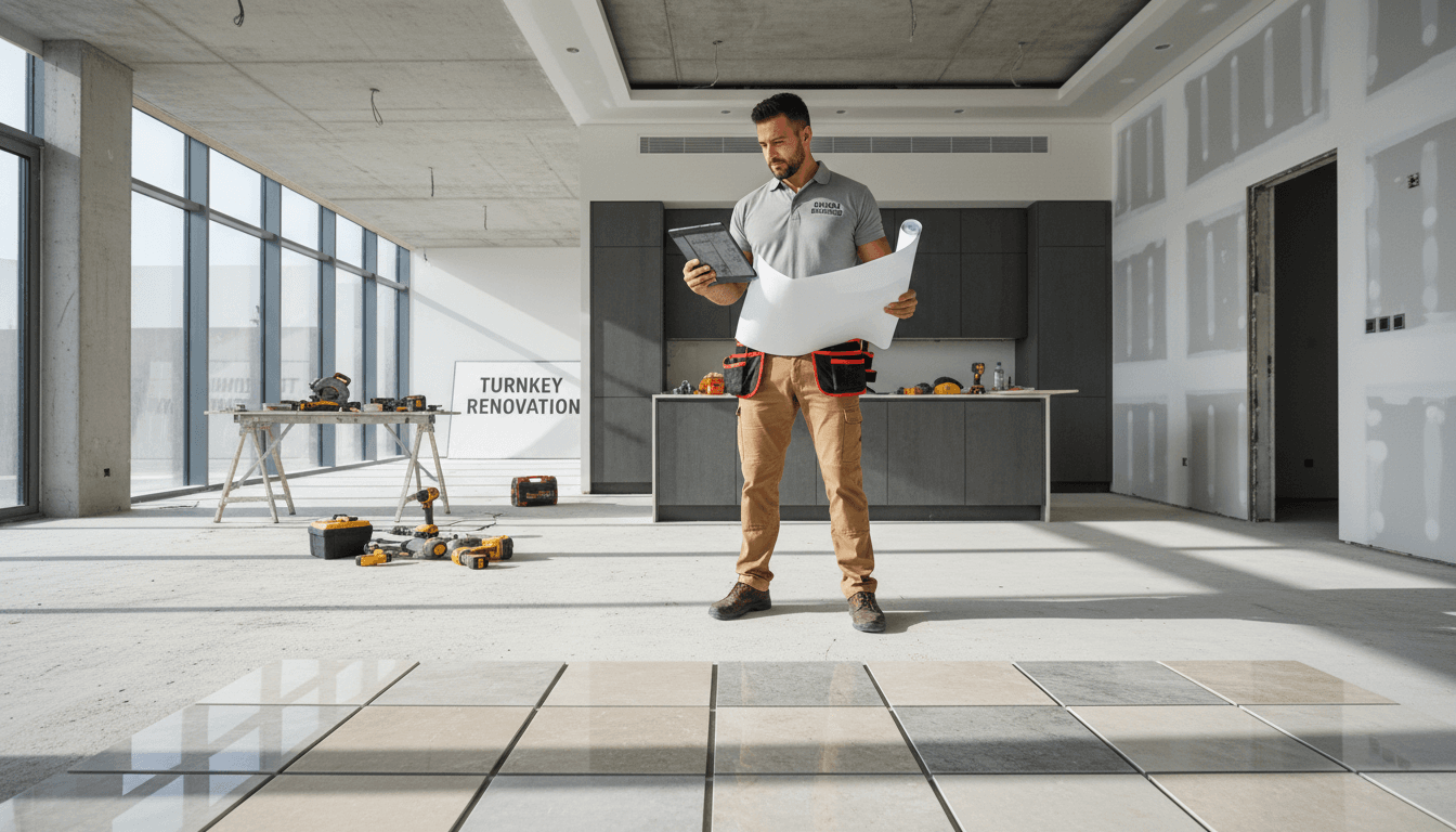 Licensed contractor reviewing renovation plans on tablet in Dubai home project