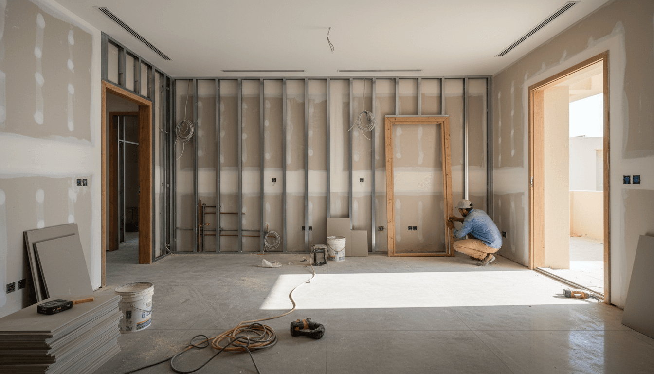 Licensed contractor measuring doorway during home renovation project in Dubai