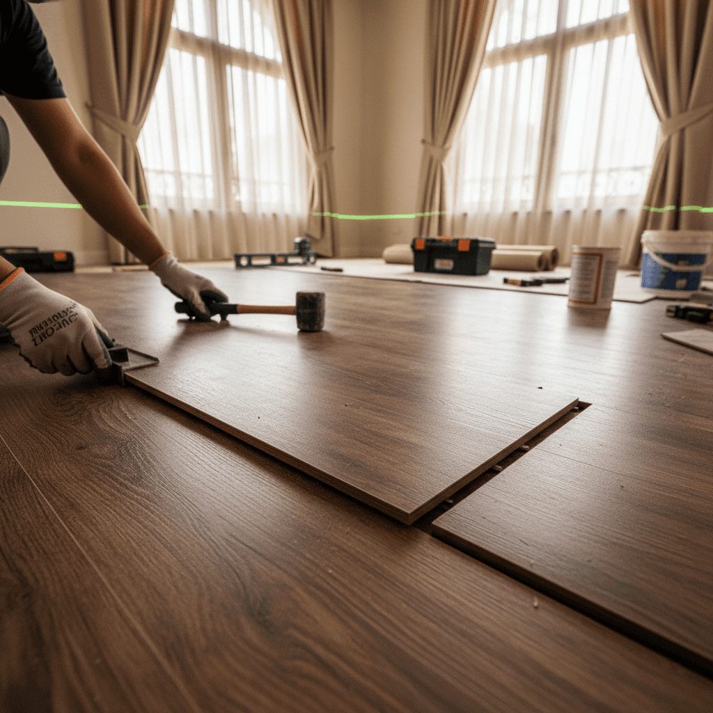 Professional flooring installation with vinyl plank material