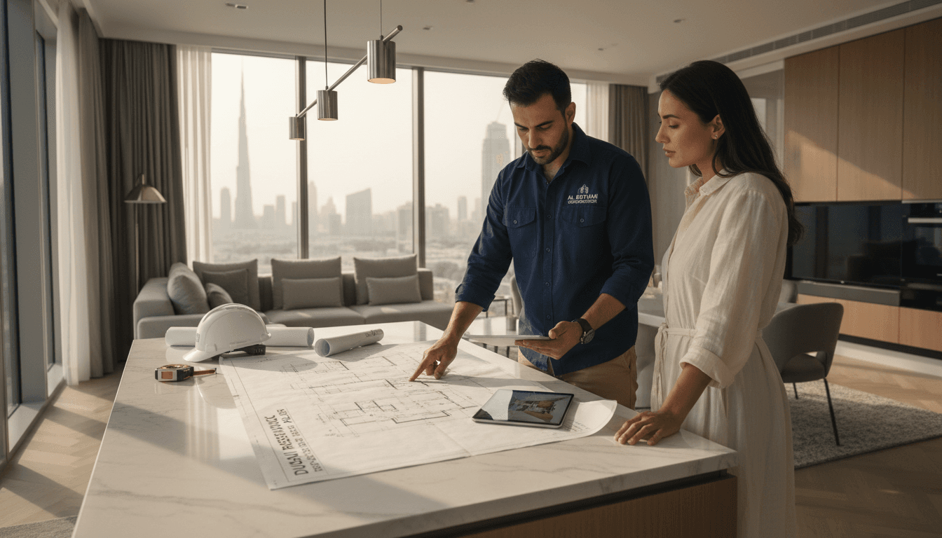 Licensed contractor and homeowner reviewing renovation plans in a modern Dubai home