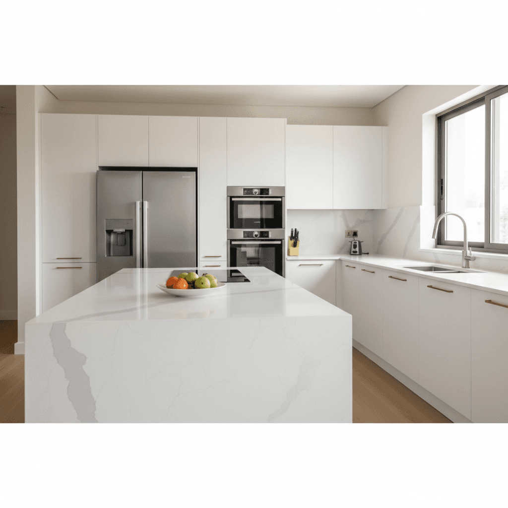 Modern kitchen remodel with white cabinetry and quartz countertops