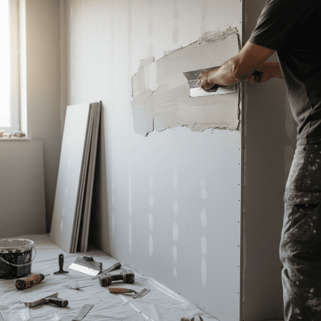 Contractor applying joint compound during drywall installation