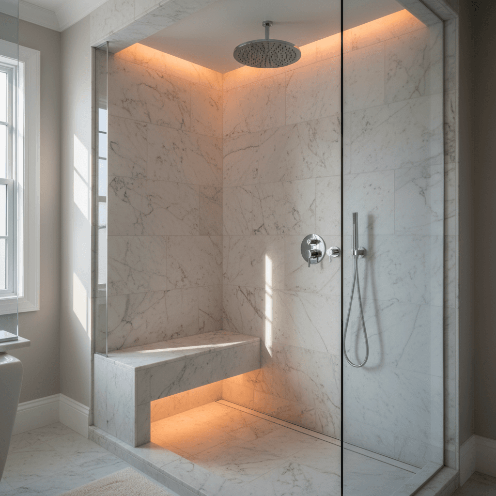 Luxury bathroom renovation with marble tile and modern fixtures