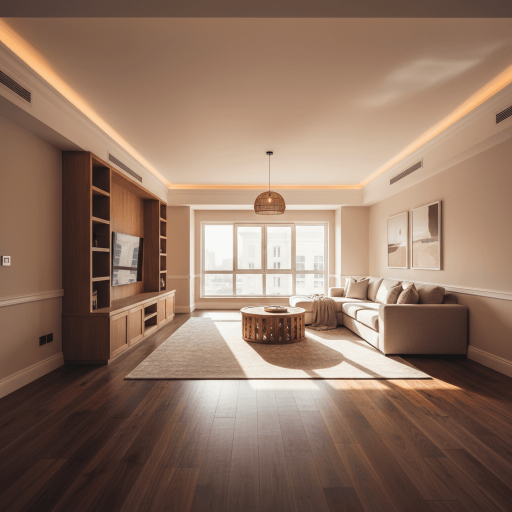 Living room renovation with hardwood flooring and fresh paint