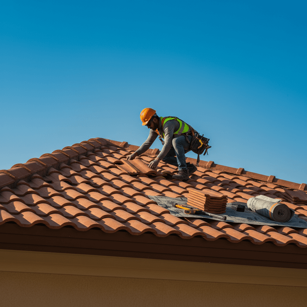 Roofer installing tiles on residential roofline