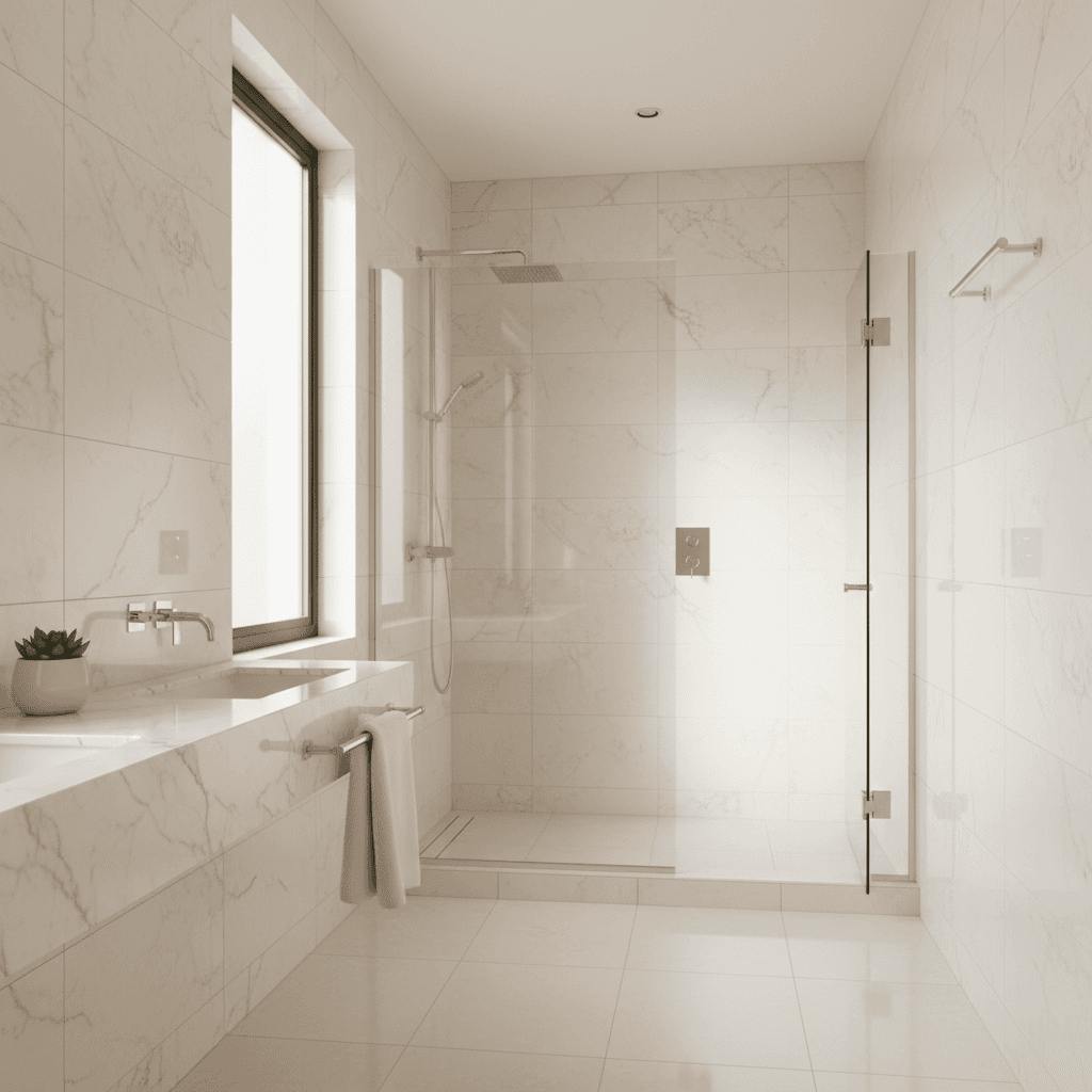 Modern bathroom renovation with marble and contemporary fixtures