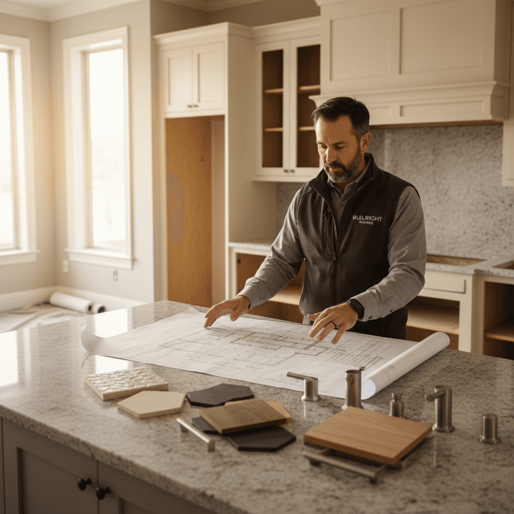 Kitchen renovation planning with blueprints and materials